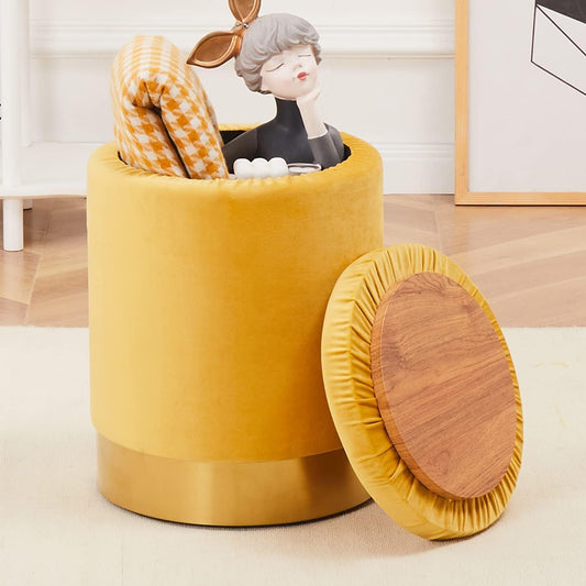 Velvet Storage Ottoman Round, Vanity Stool Foot Stool Footrest Chair Round Small Coffee Table Golden Color Metal Case Accent Stool Chair 300lbs Heavy Duty